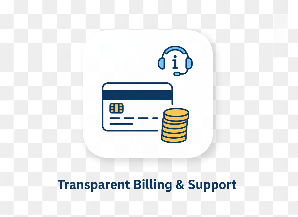 Transparent billing and support—credit card, coins, info badge, and headset icons.