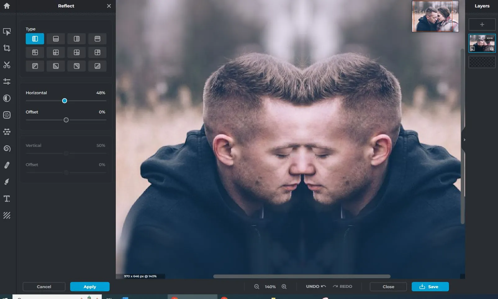 Interface of Pixlr - an easy to use face photo editor