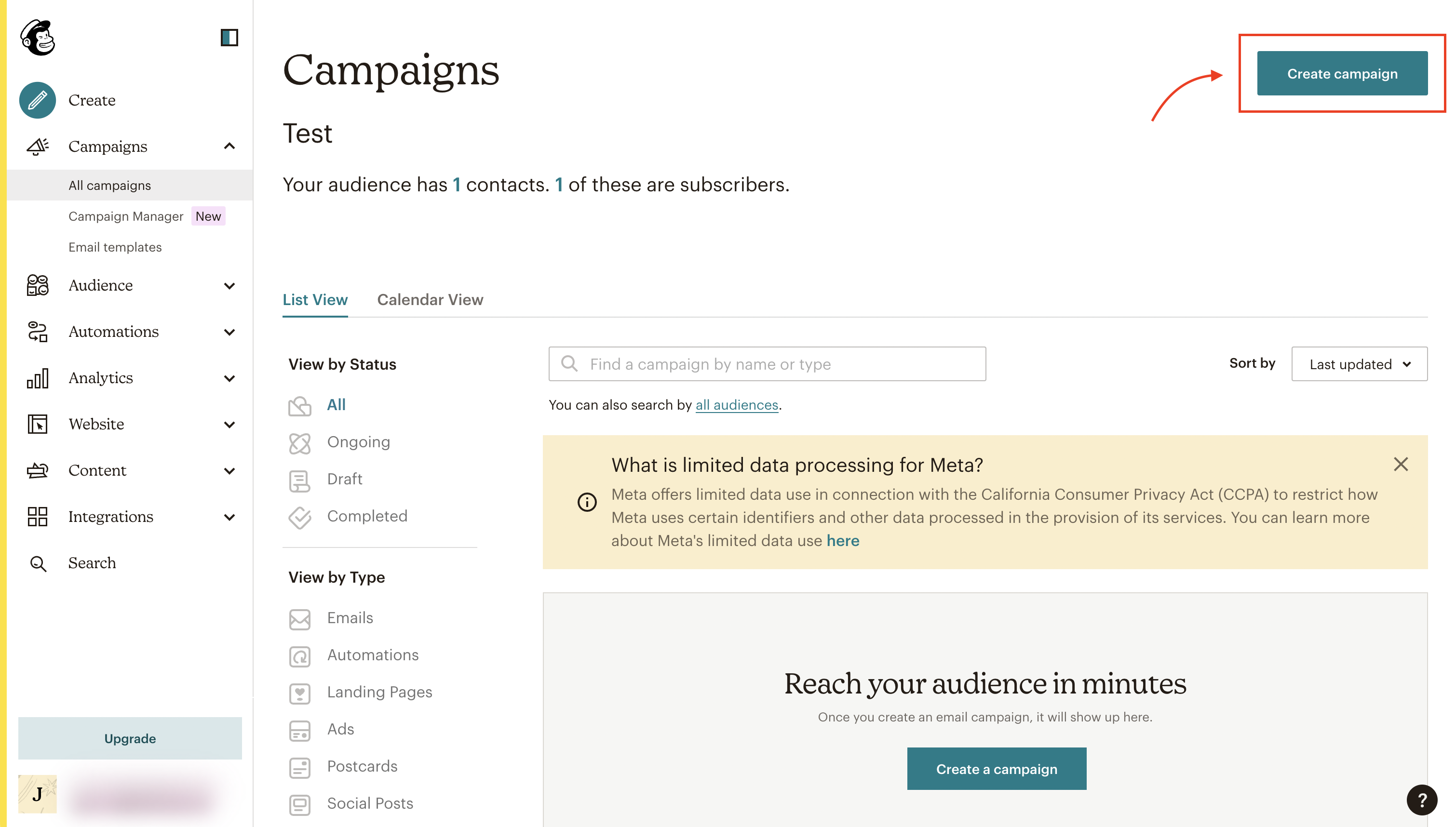 Mailchimp-käyttöliittymä
