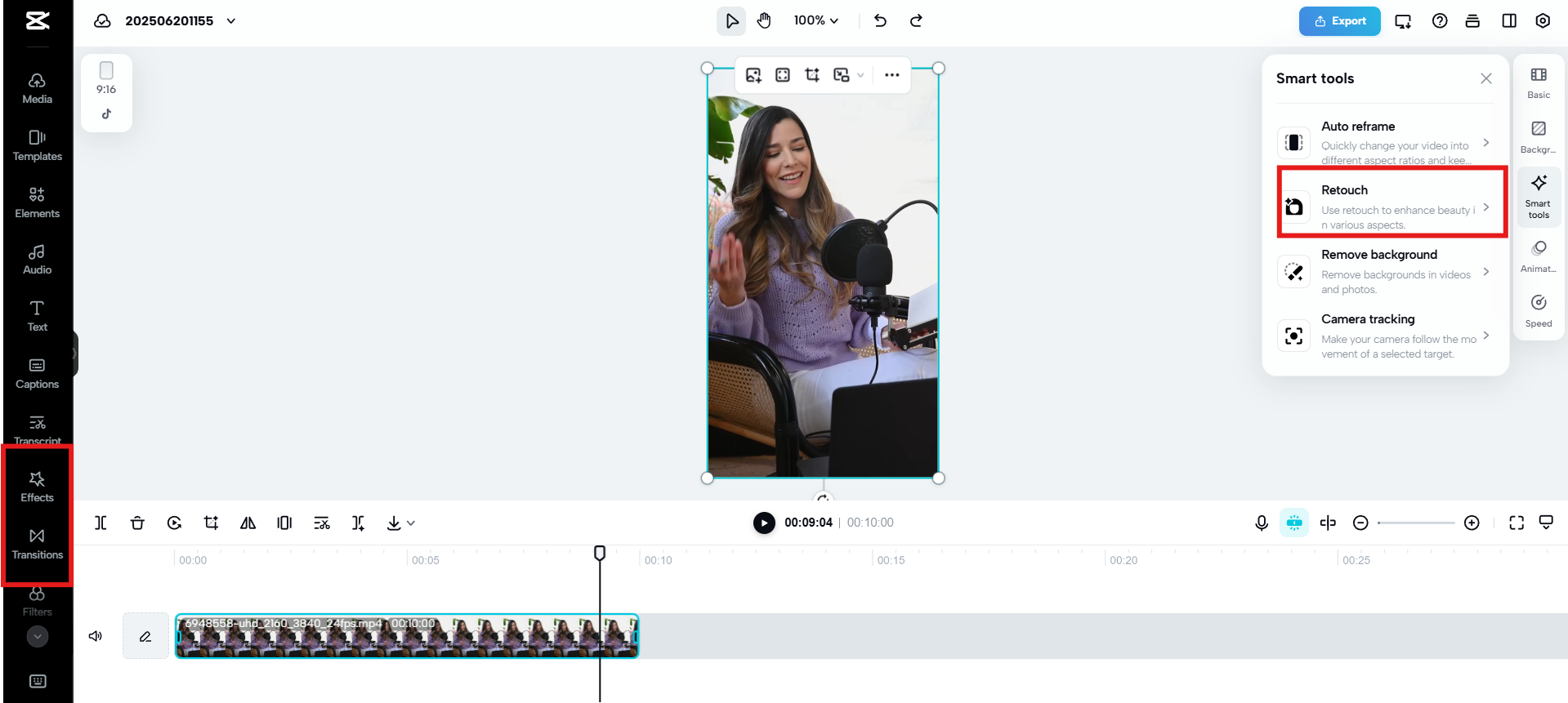Apply filters, retouch and transitions