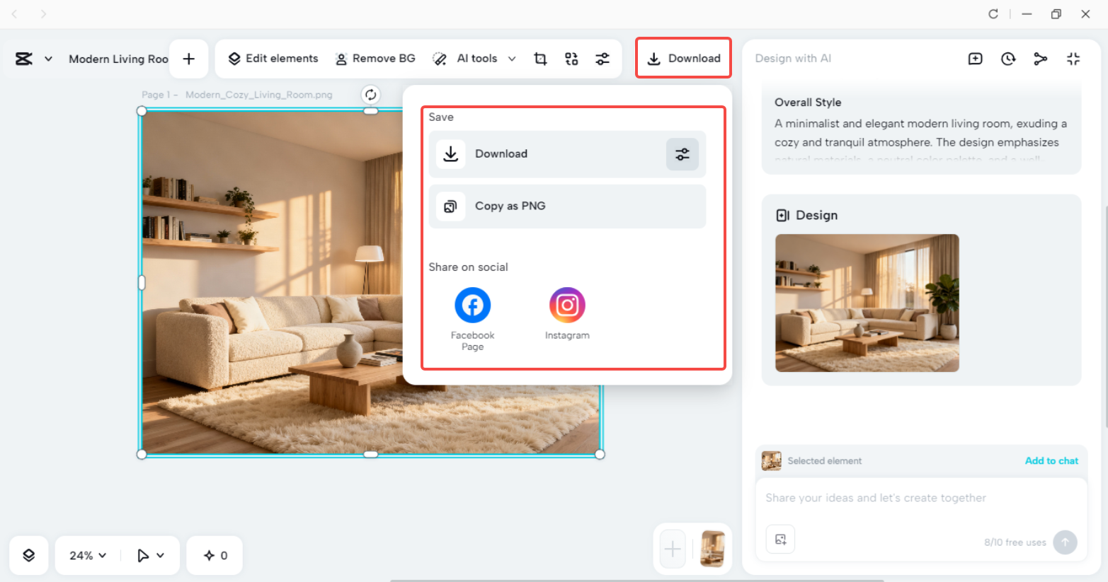 Exporting the furniture design in CapCut