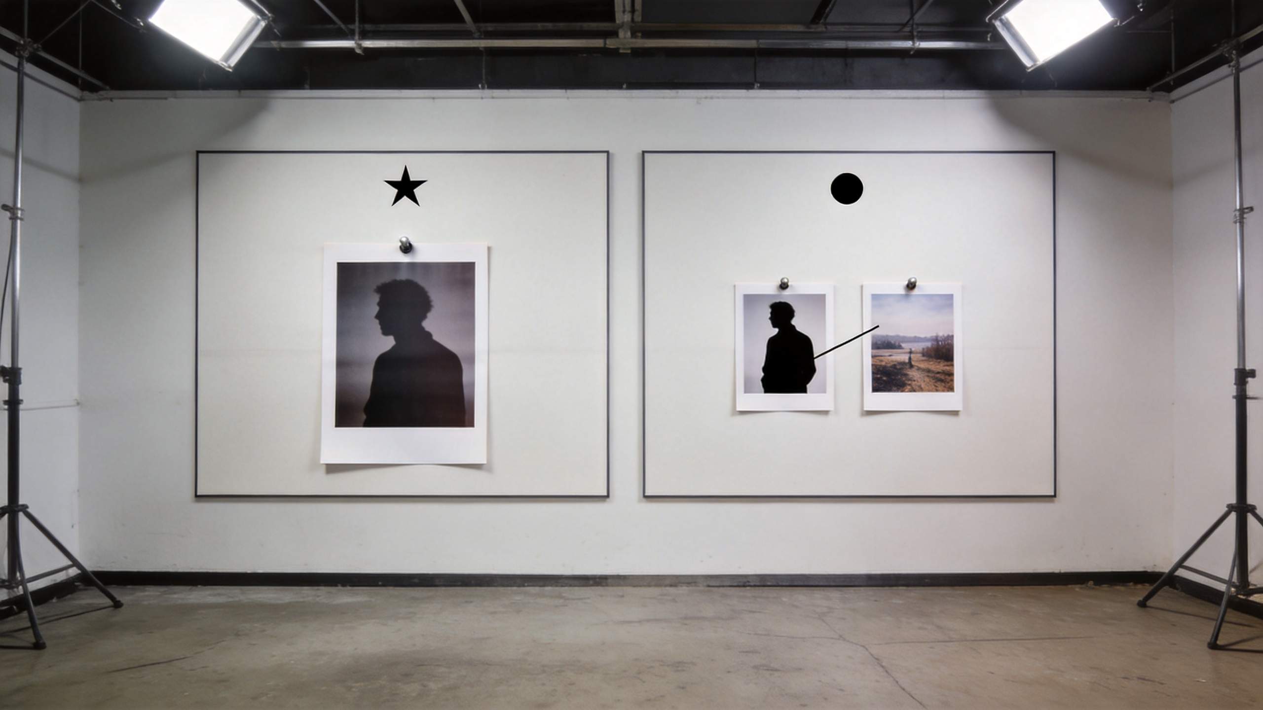 Two framed boards show reference photos: a silhouette portrait and a figure next to a landscape.