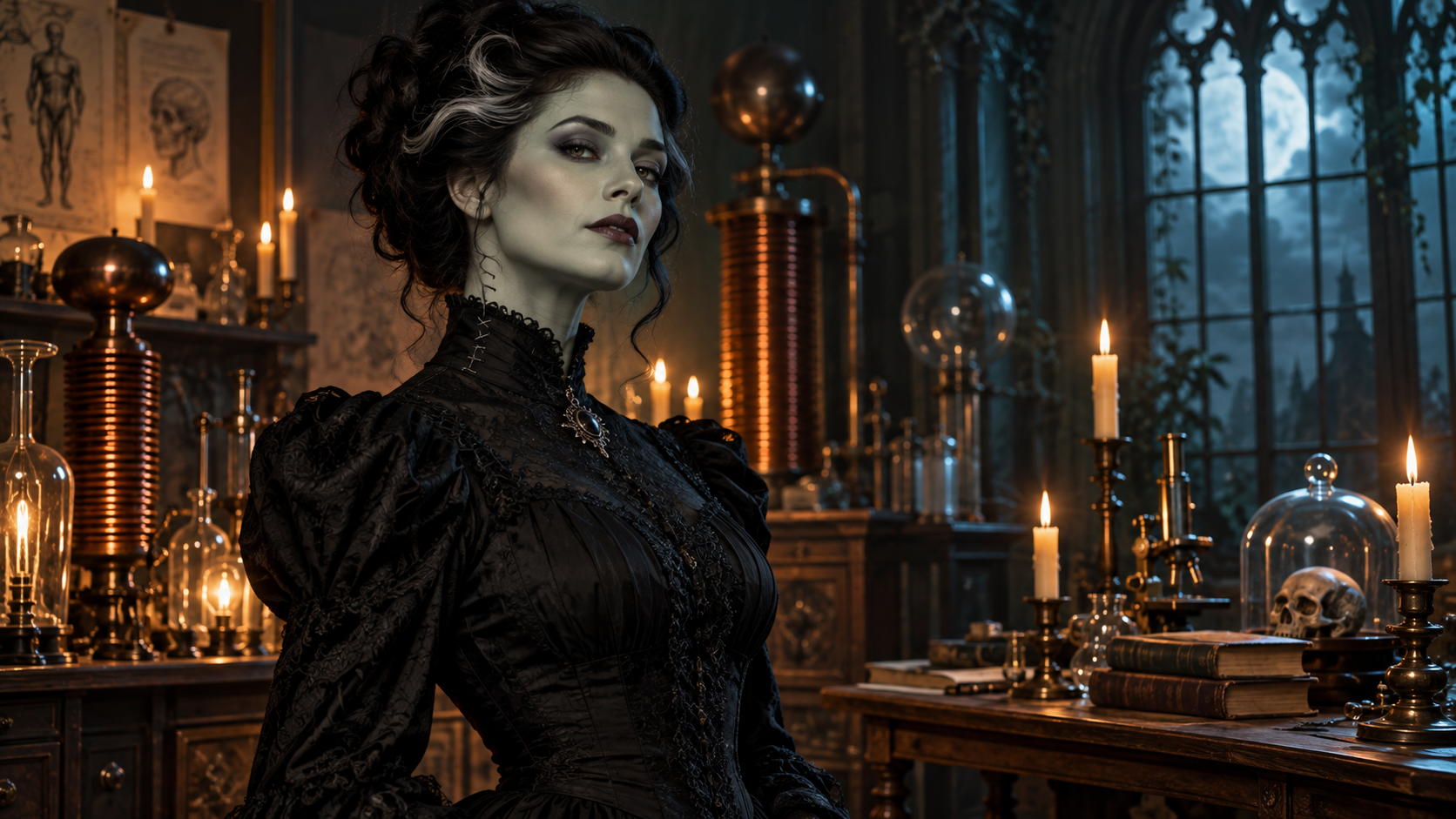Ví dụ về trang điểm thời trang quái vật thời Victoria cho sự biến đổi AI Frankenstein