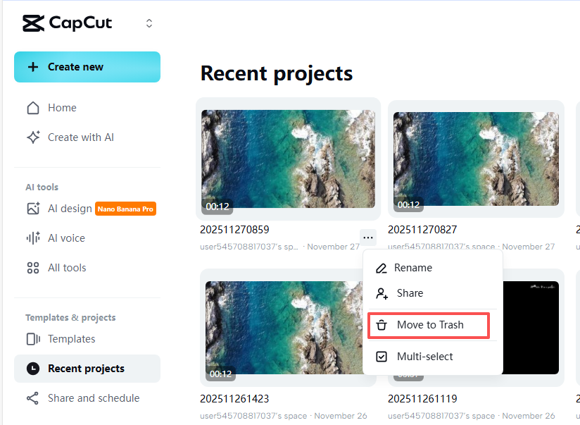 「ゴミ箱に移動」機能CapCut