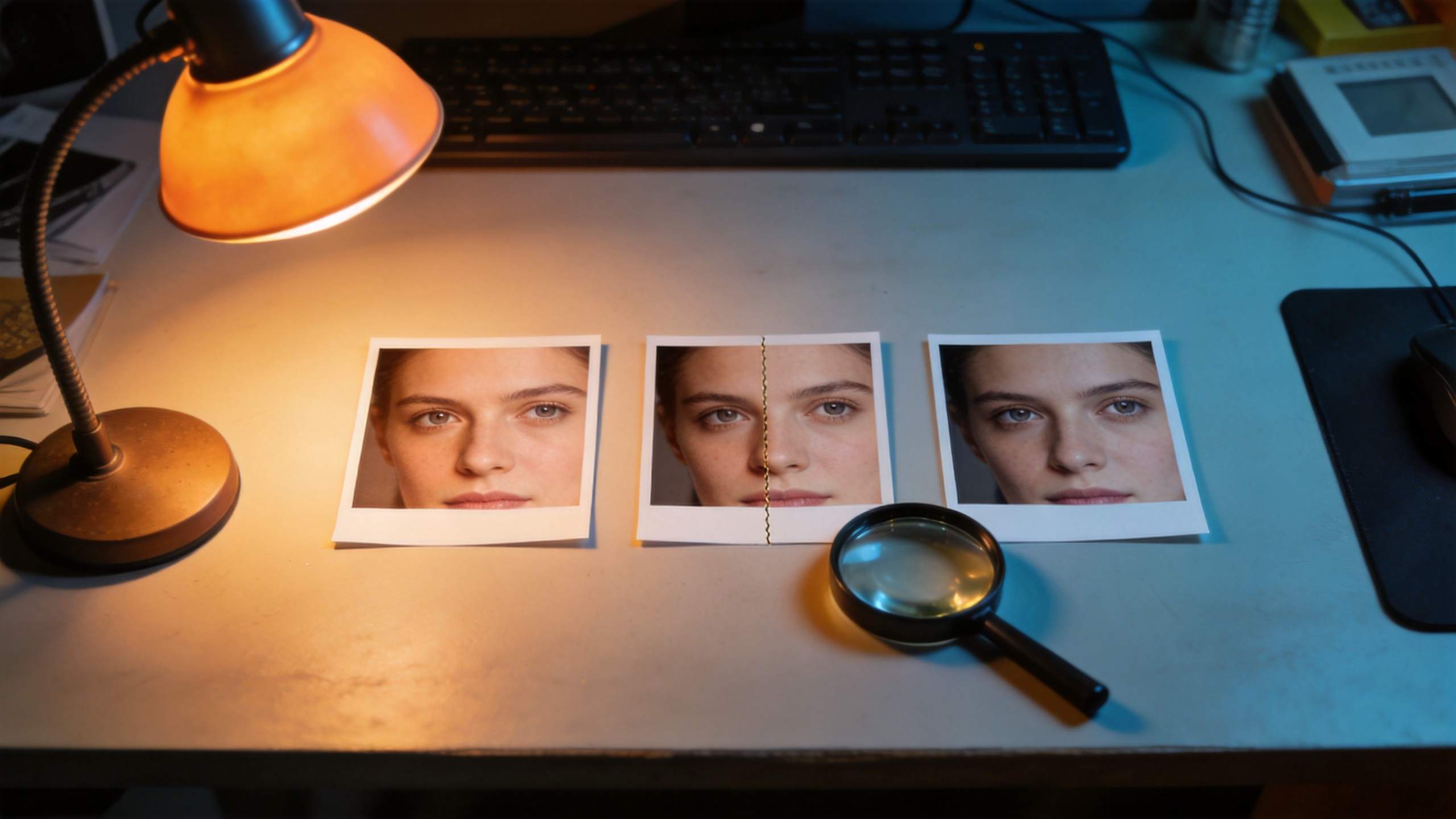 Three printed portraits on a desk, with the center one repaired down the middle