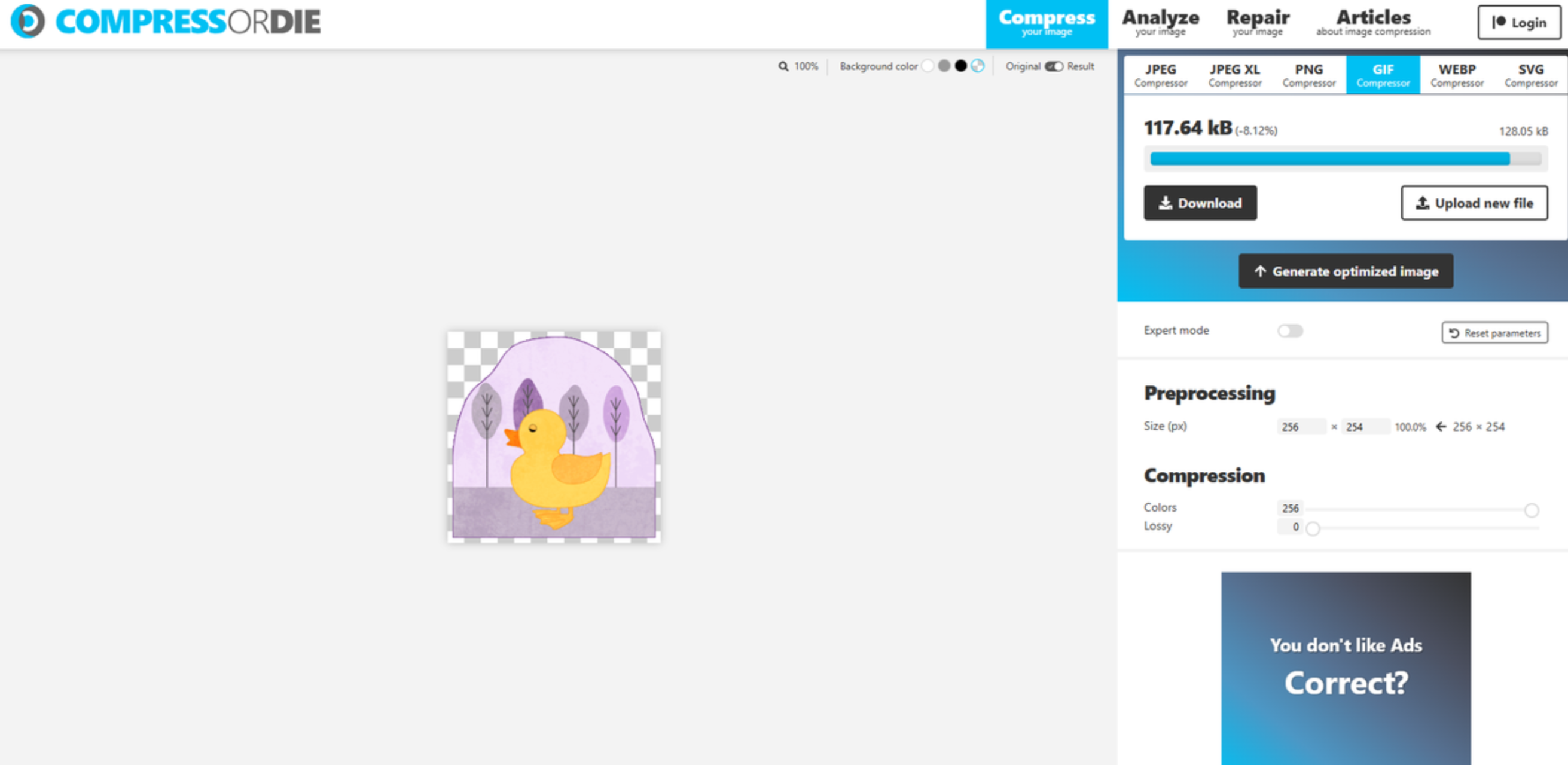 Interface of CompressOrDie - another free tool for GIF compression