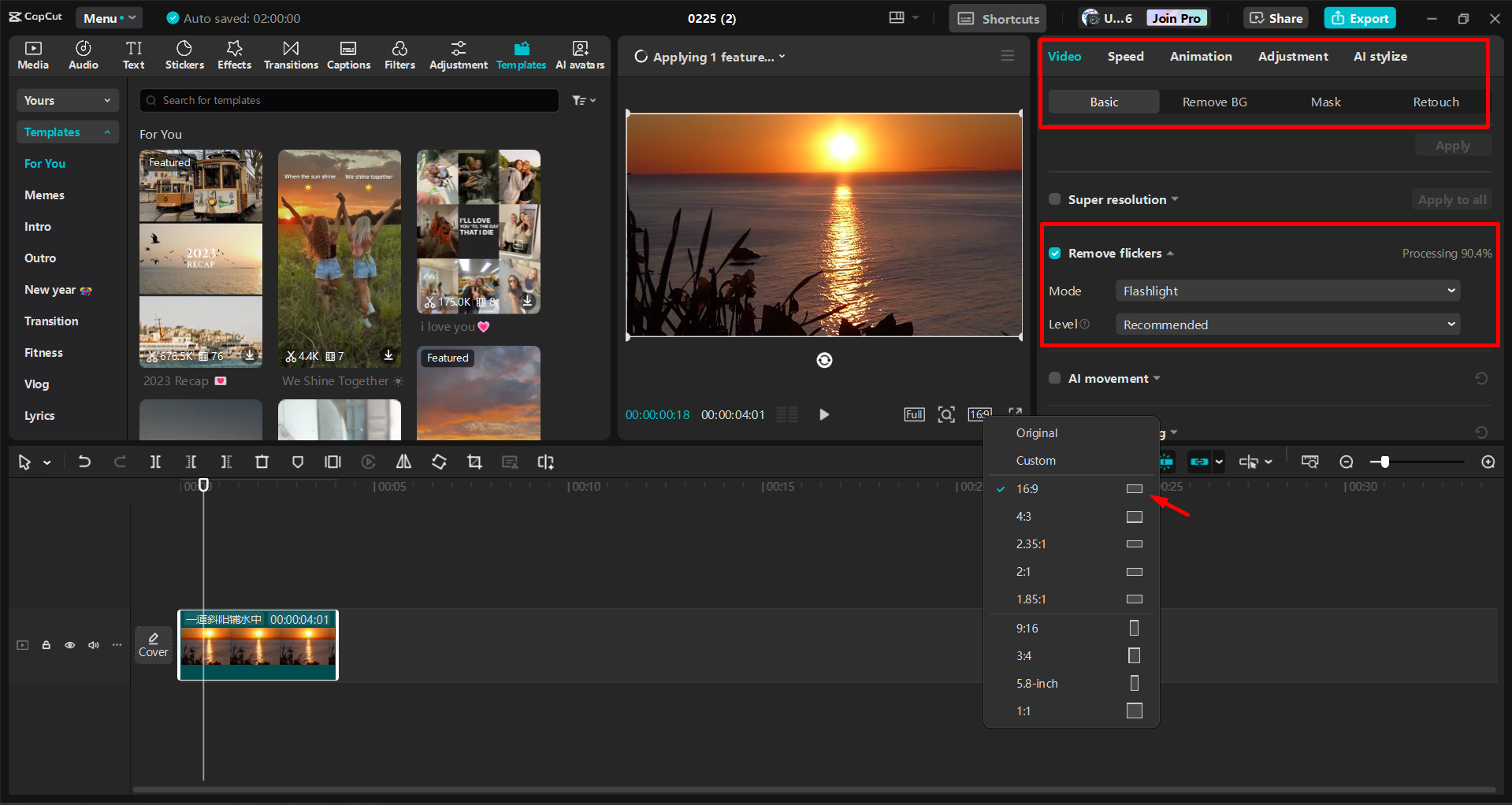 Removing flicker and enhancing a video in the CapCut desktop video editor