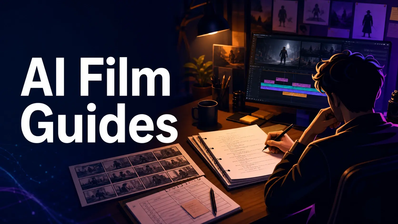 AI Film Guides title beside an editor at a desk with storyboard pages and a video timeline on monitor