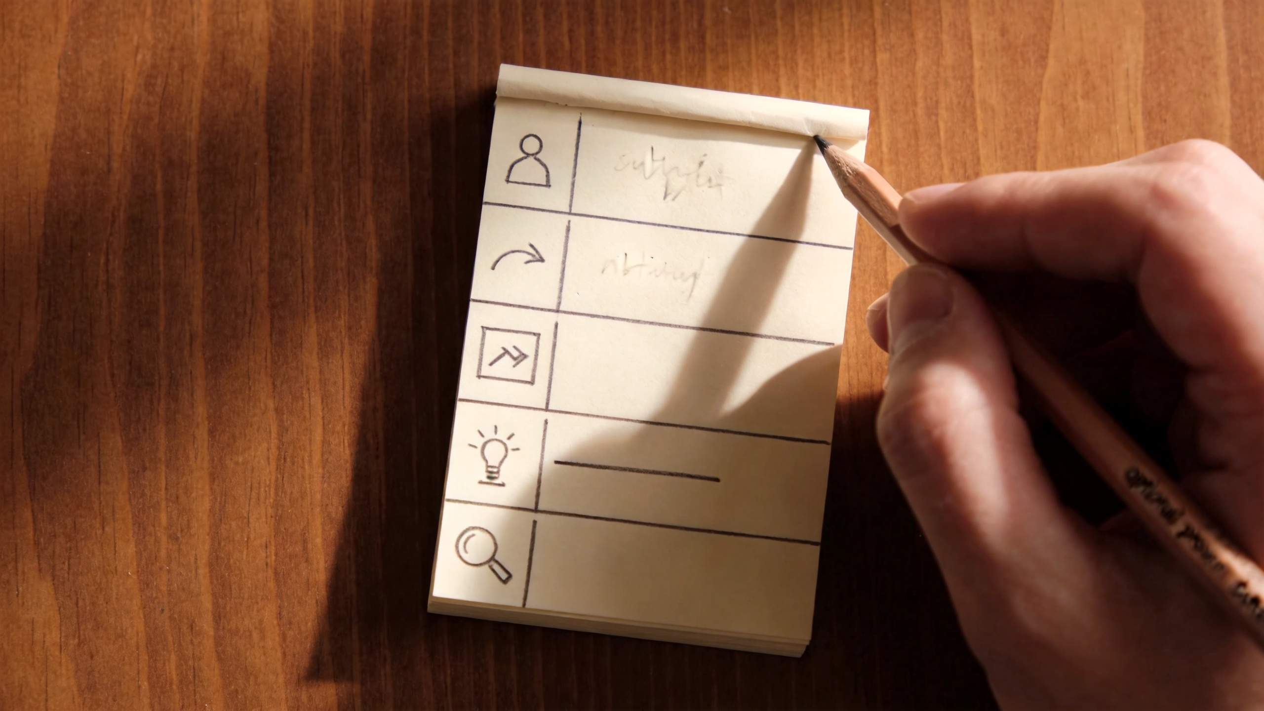 Hand writing on a prompt template note with icons for subject, action, camera, lighting, and detail
