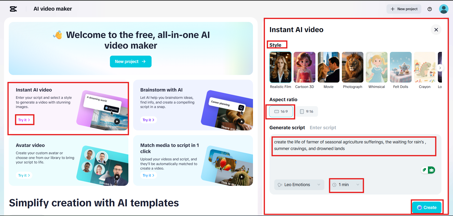 CapCut Instant AI video creation settings