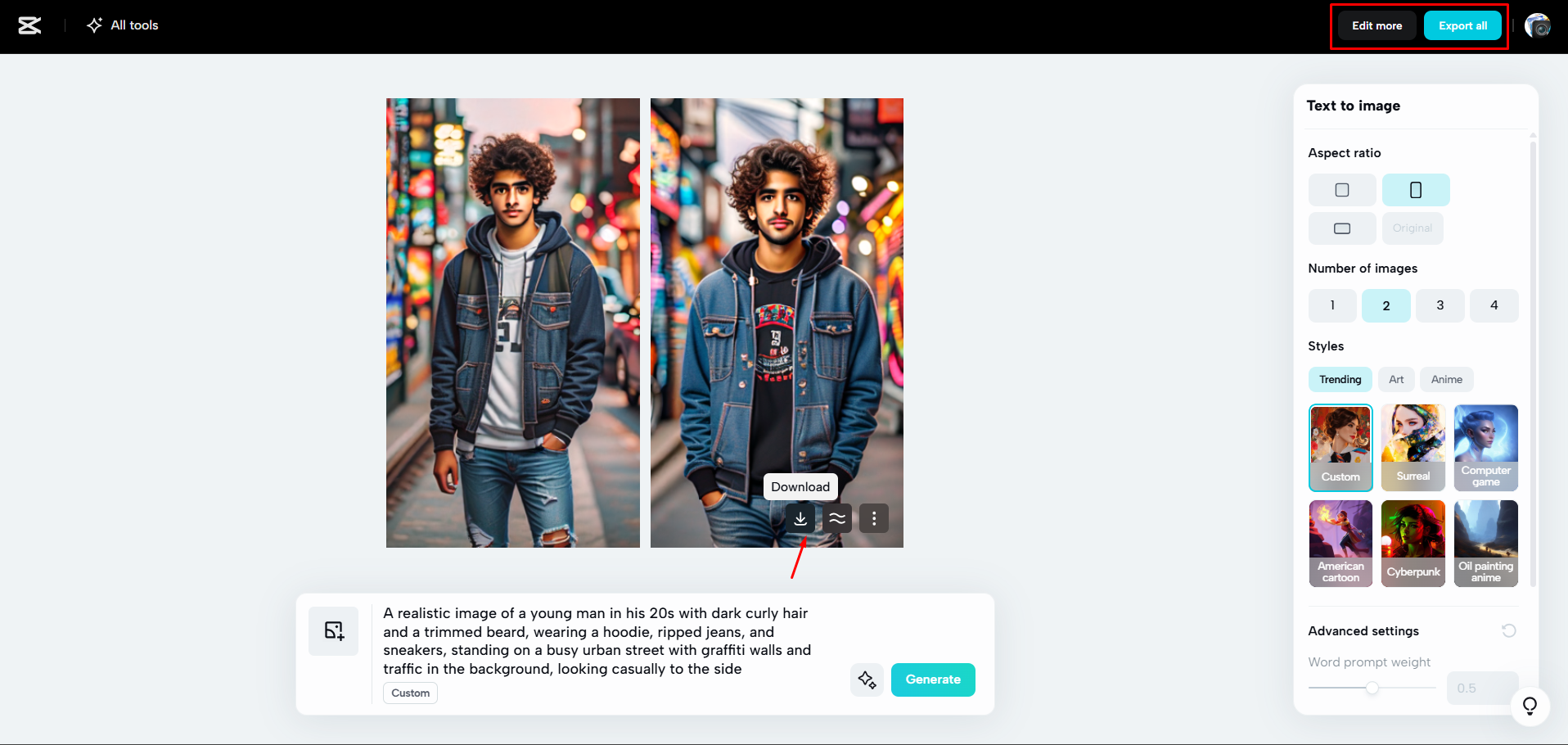 Downloading an image from CapCut Web
