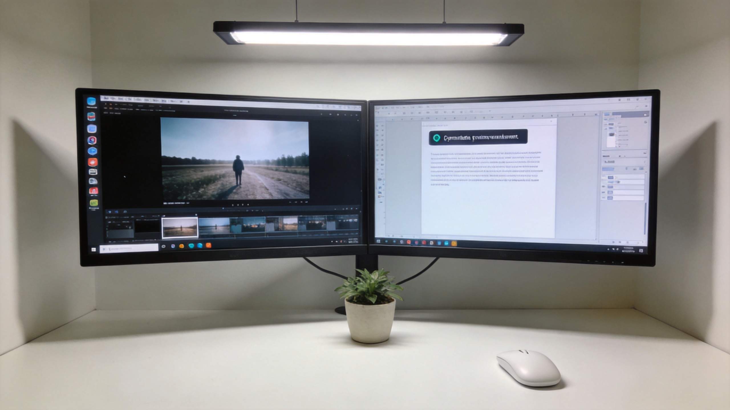 Dual monitors show a video editor and a document editor on a tidy desk