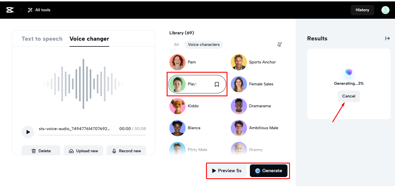 Using the voice changer to transform the voice in CapCut Web