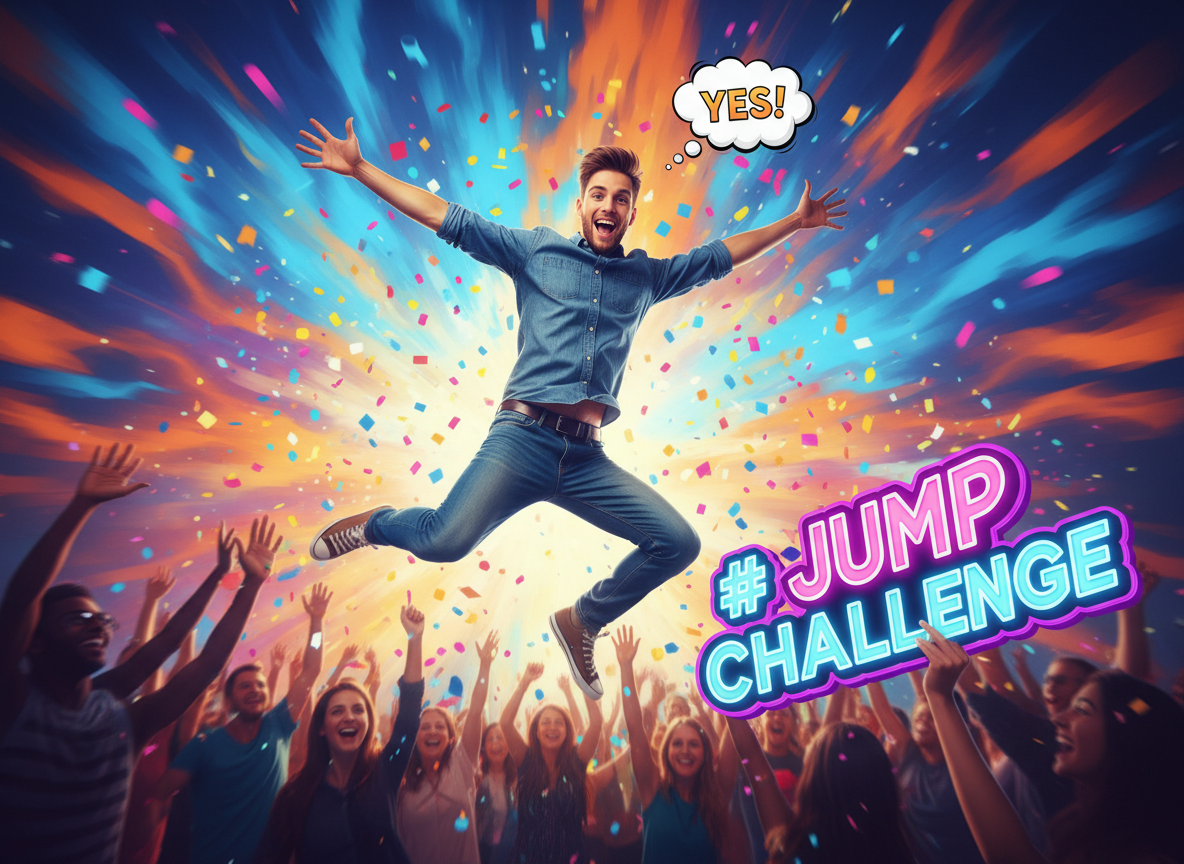 4:3 image: crowd‑pleasing angle, energetic color, clear jump moment for social challenges.