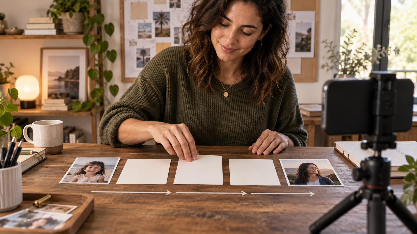 A creator arranging childhood and present-day photos into a reveal storyboard