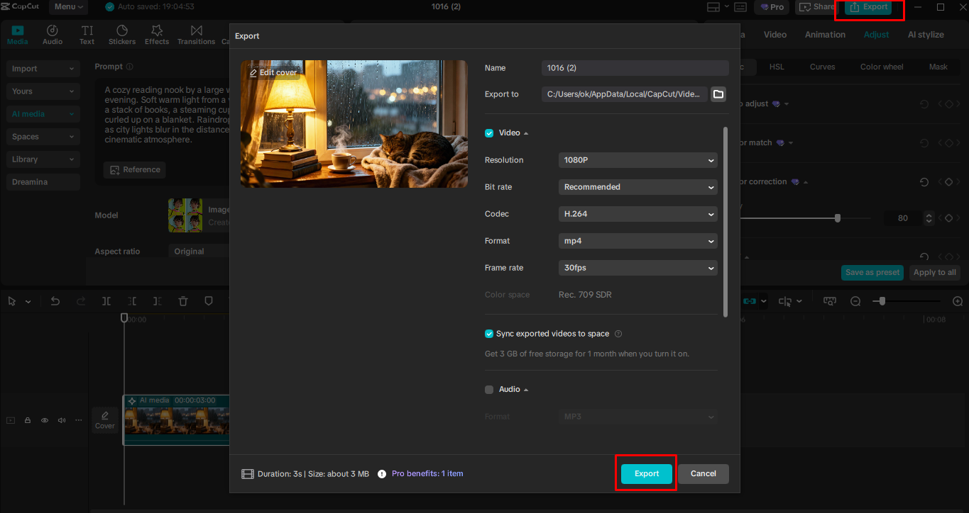 Exporting AI images from the CapCut desktop video editor