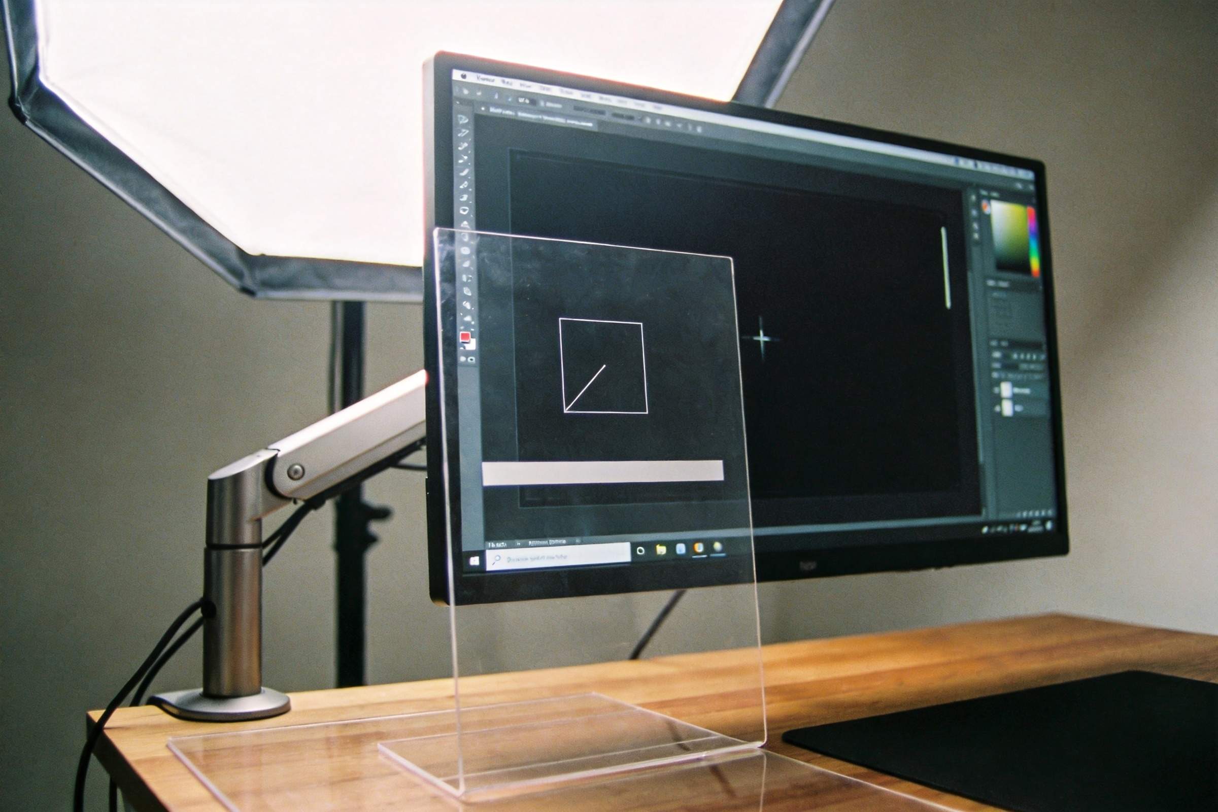 Computer monitor showing a graphics editor with a blank black canvas and transparent acrylic panel in front