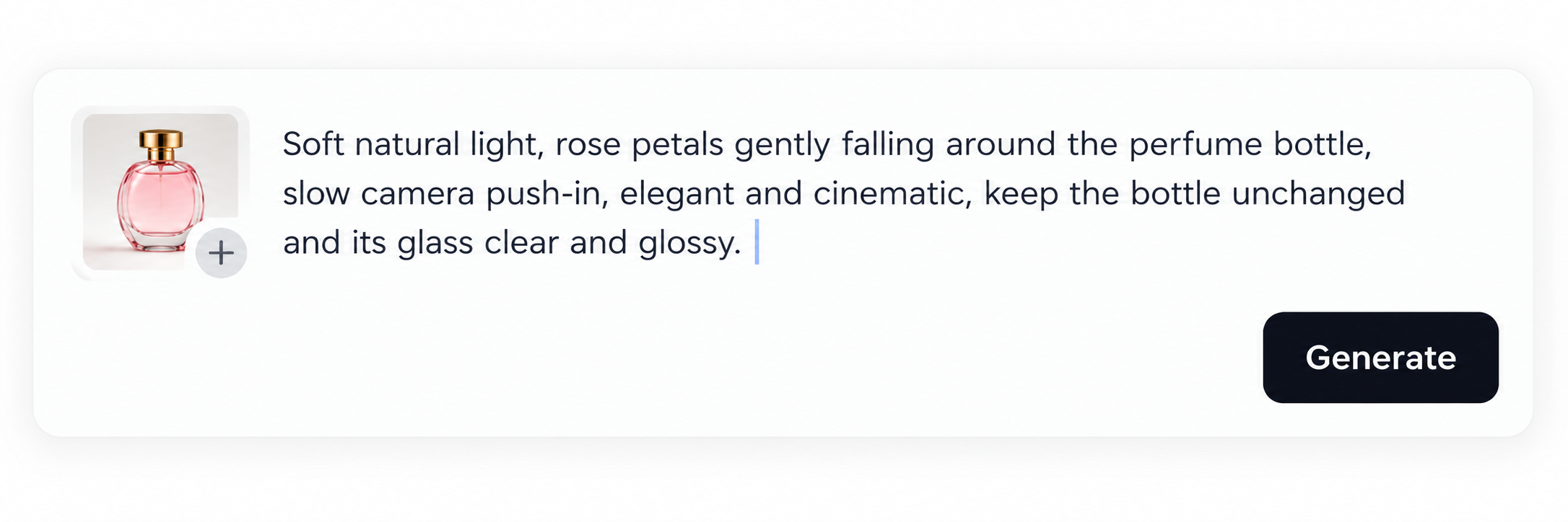 Dreamina AI video prompt interface showing a pink perfume bottle and a cinematic video prompt.