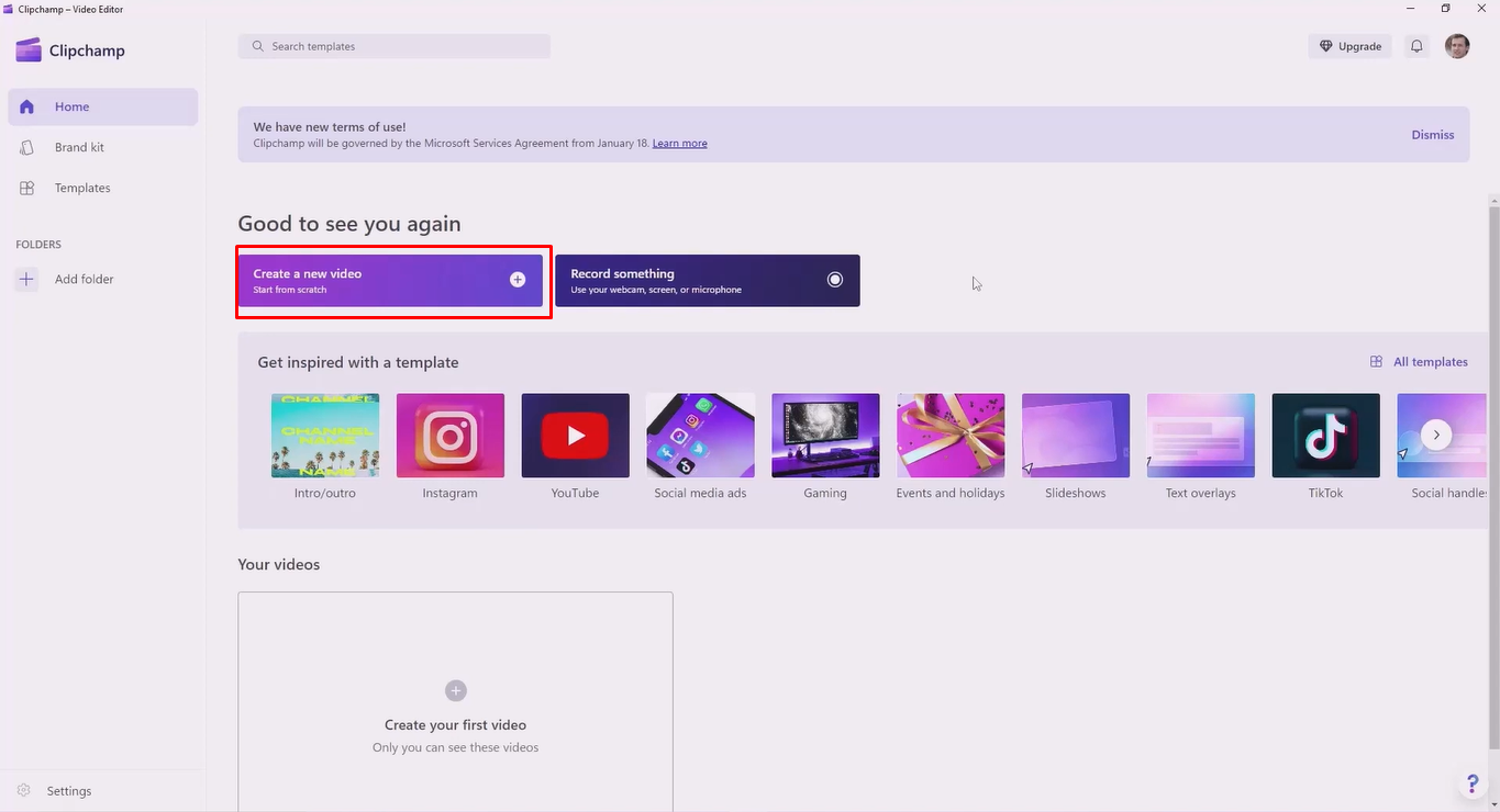 Interface of Clipchamp screen recorder showing how to start a new project