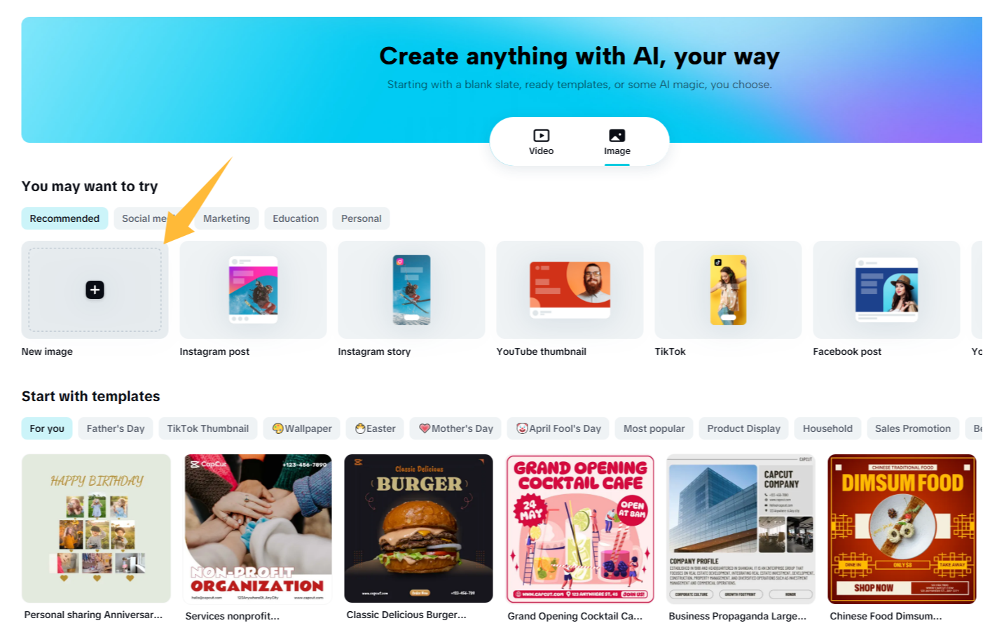 Create a new design in CapCut