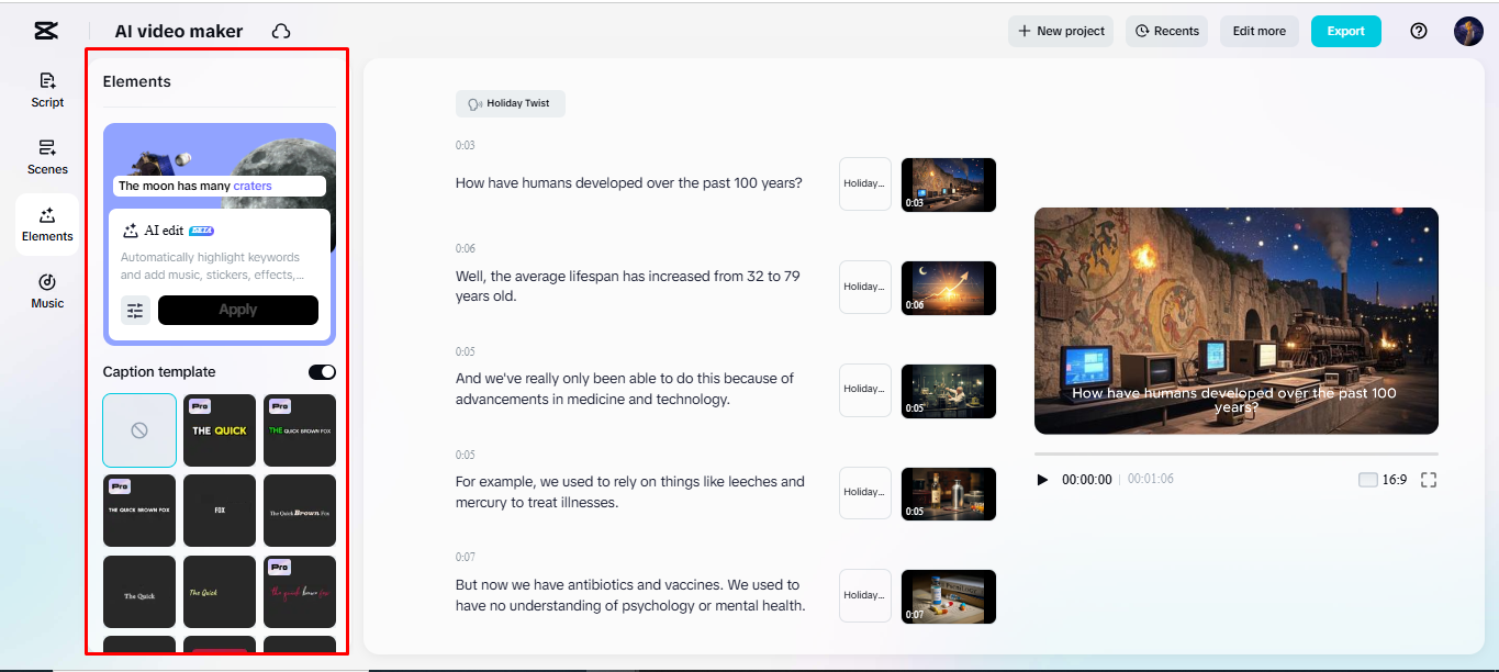 Adicionando modelos de legenda a um vídeo usando o criador de IA vídeo do CapCut