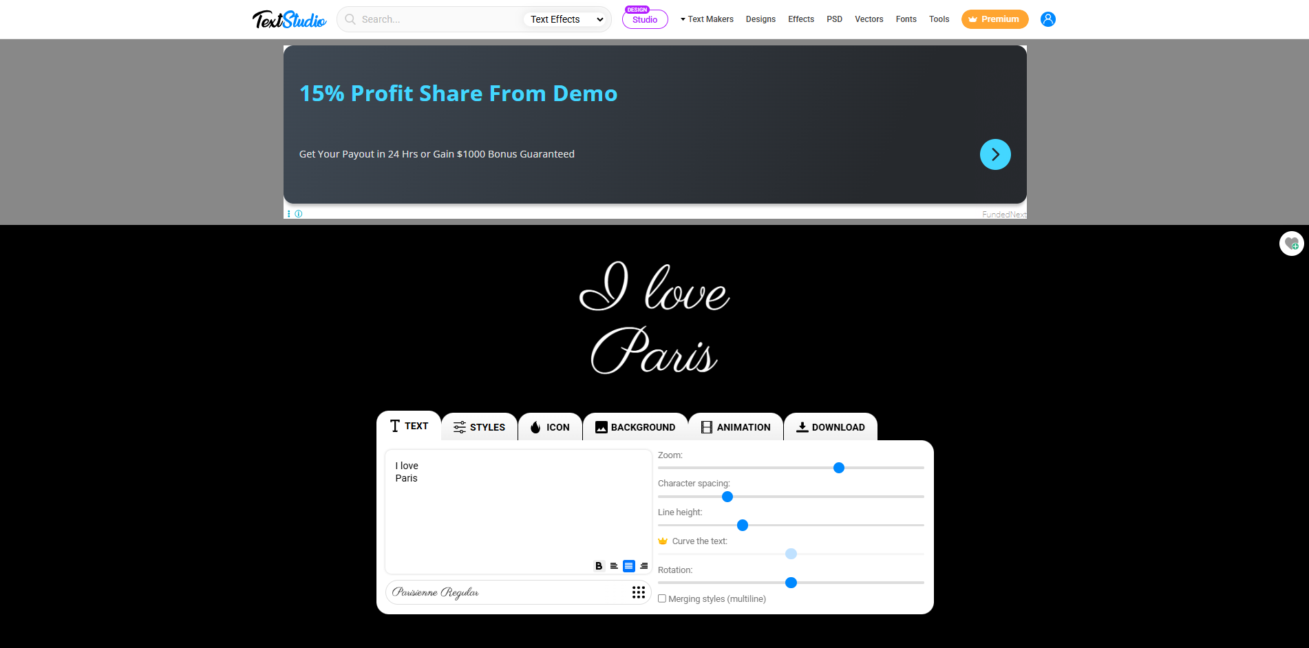 Interface of Text Studio - an easy to use white text black background generator