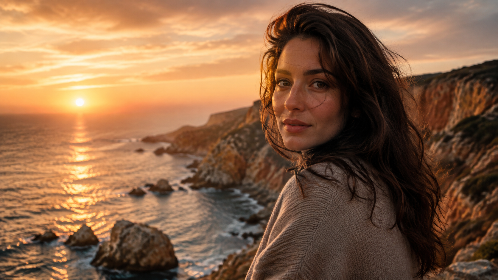 Brunette by the Seaside at Sunset for ai brunette girl generator