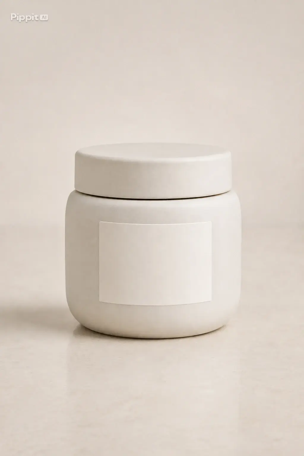Plain white cosmetic jar with blank label on a beige background