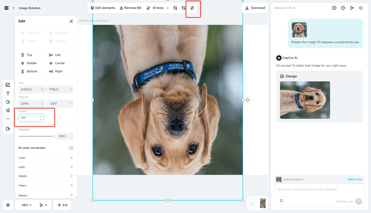 Rotate the image using the rotate tool
