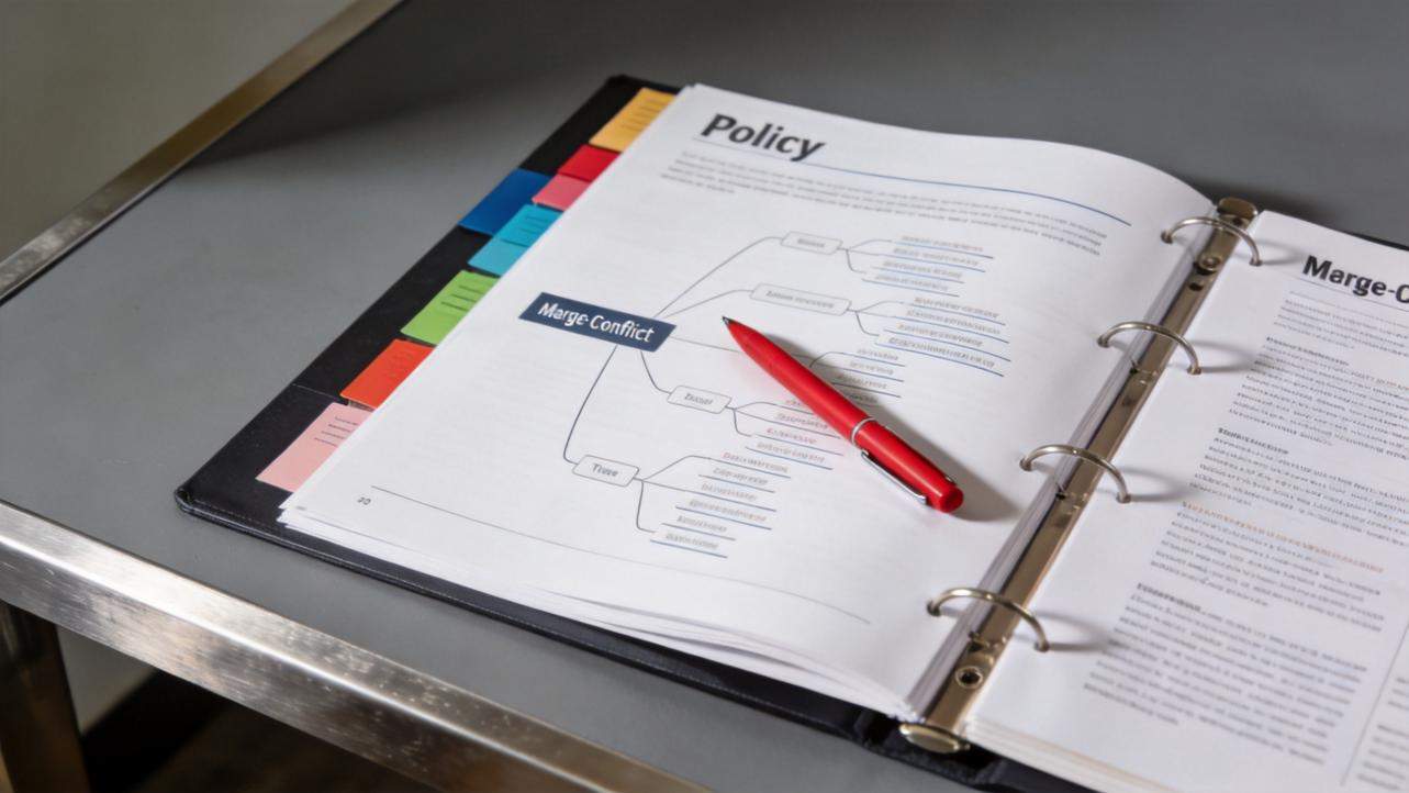 Open binder with policy pages, a red pen, and colorful tab dividers on a desk