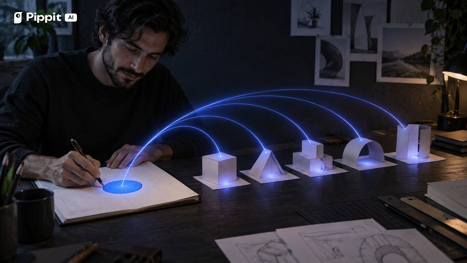 A designer draws a blue circle that connects to five illuminated paper prototypes.