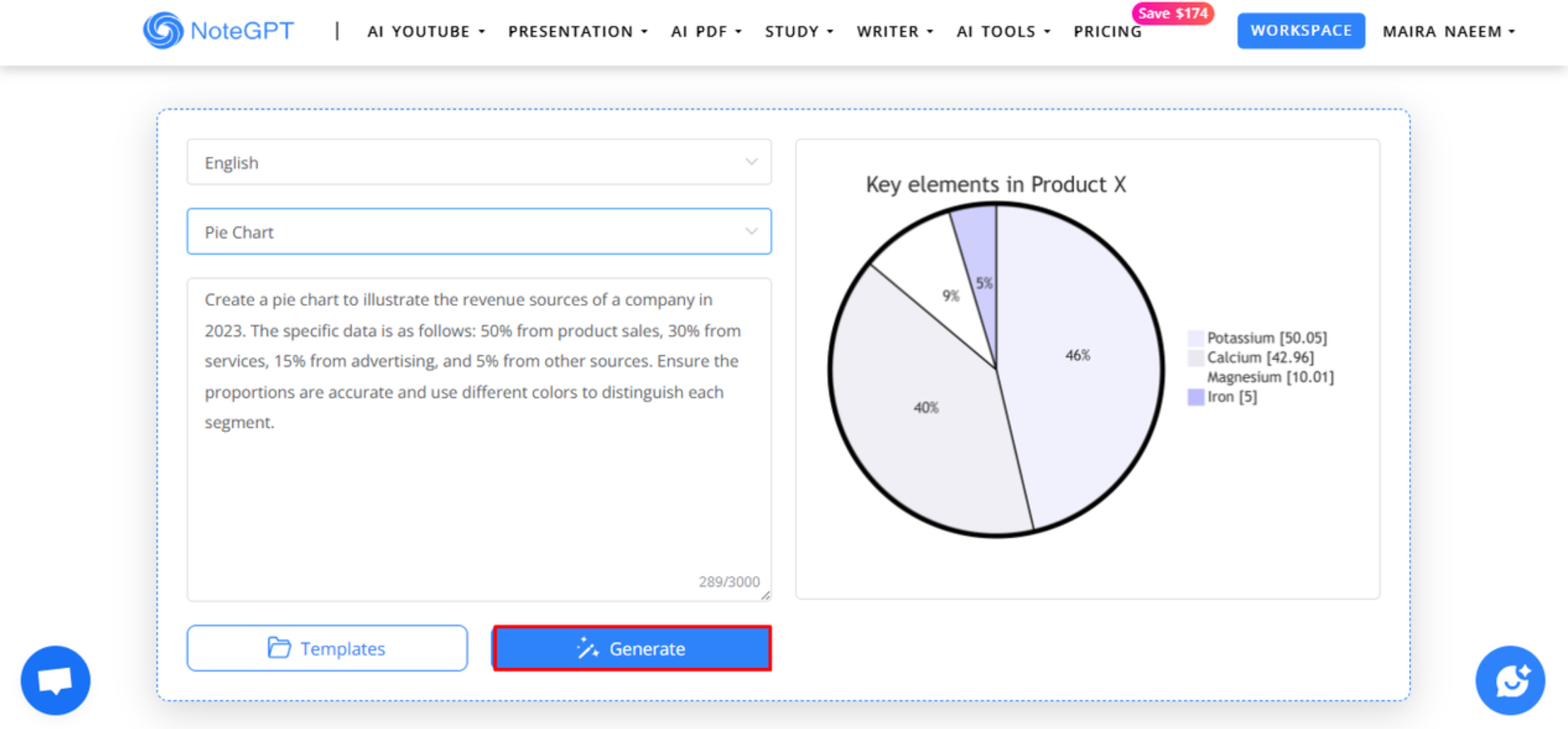 Interface of NoteGPT - an easy-to-use pie graph maker
