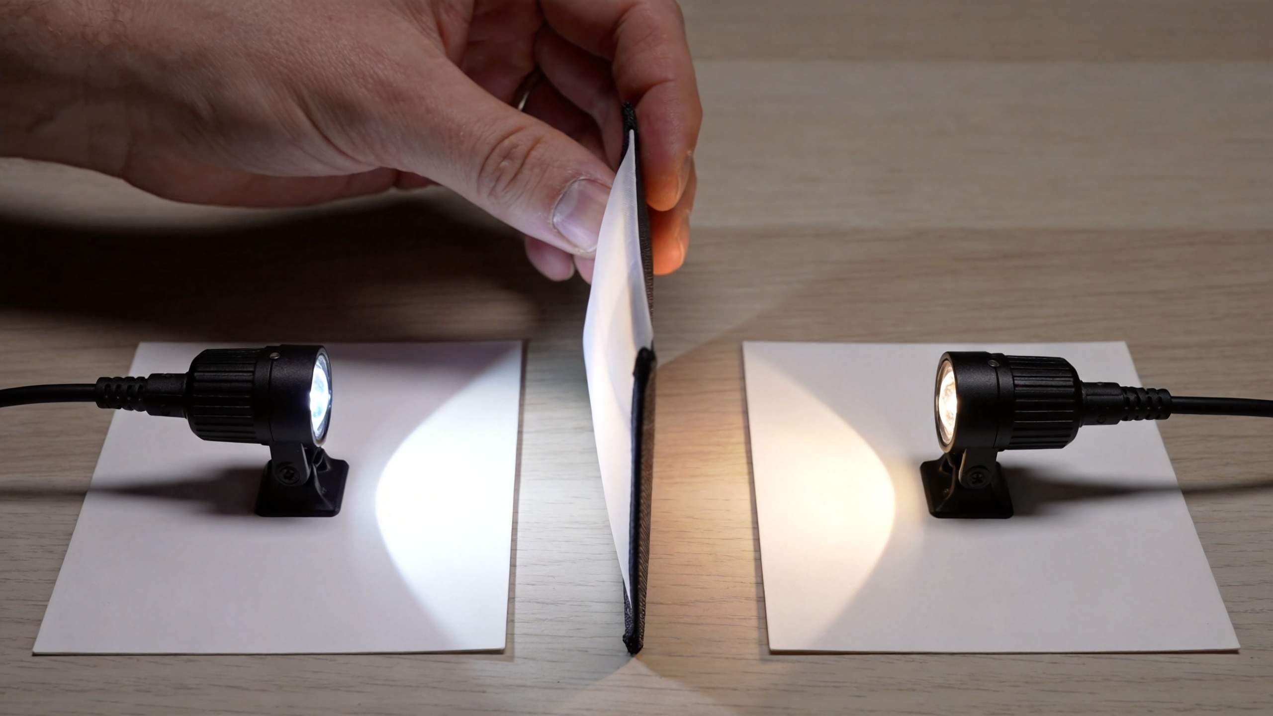 Two small lights shine on a card held upright between them on a wooden table