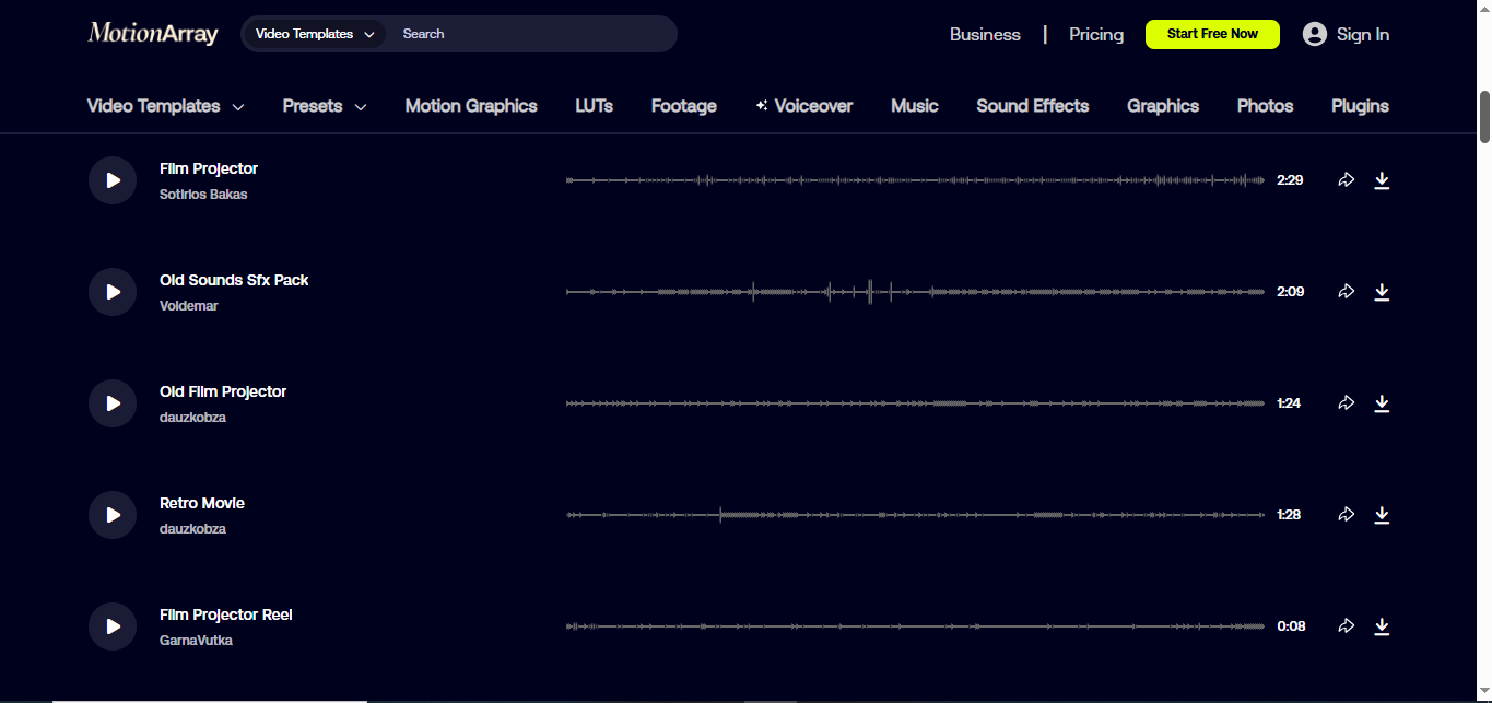 Interface of Motion Array - a well-known platform to get vintage movie projector sound effect
