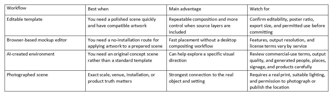 Table comparing mockup workflows, best uses, advantages, and things to watch for