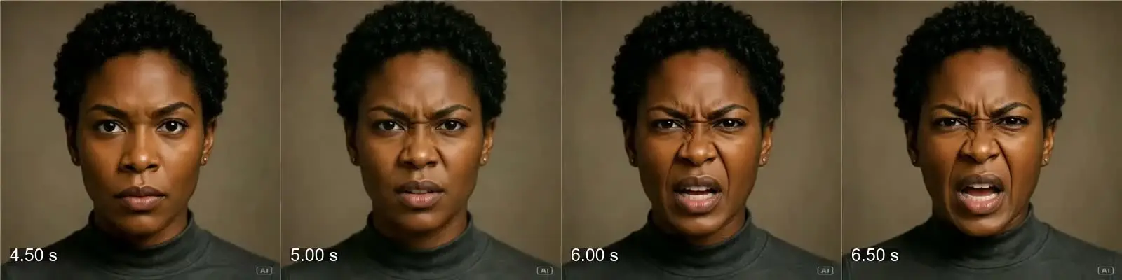 Four sequential close-ups of a woman's face shifting from calm to angry