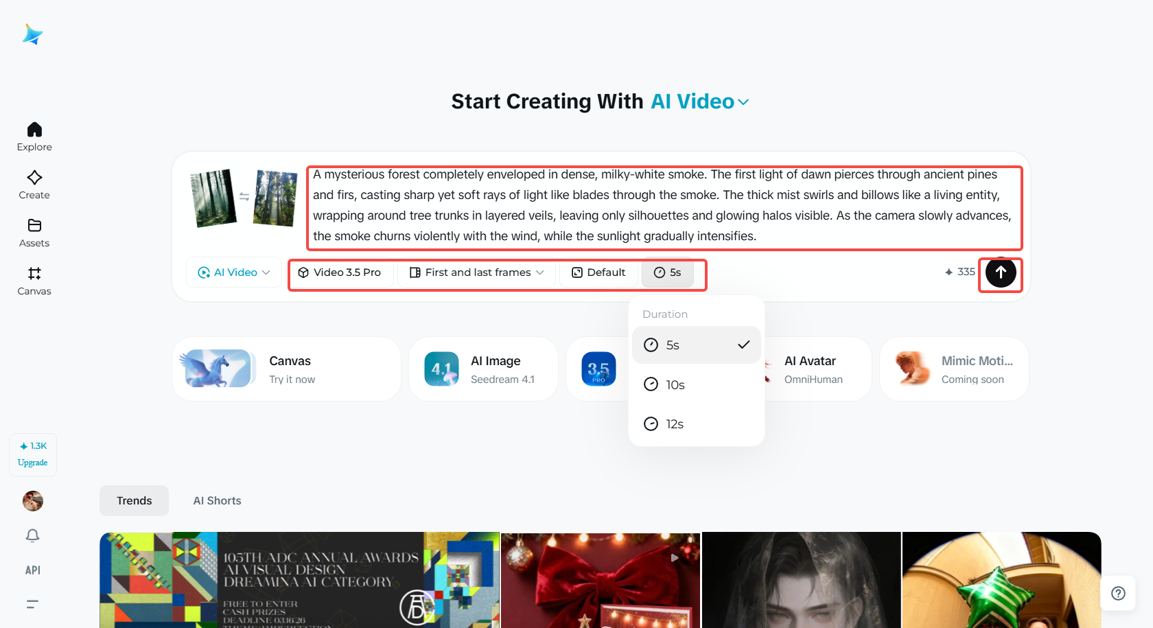 Selectați modelul video și lungimea în Dreamina