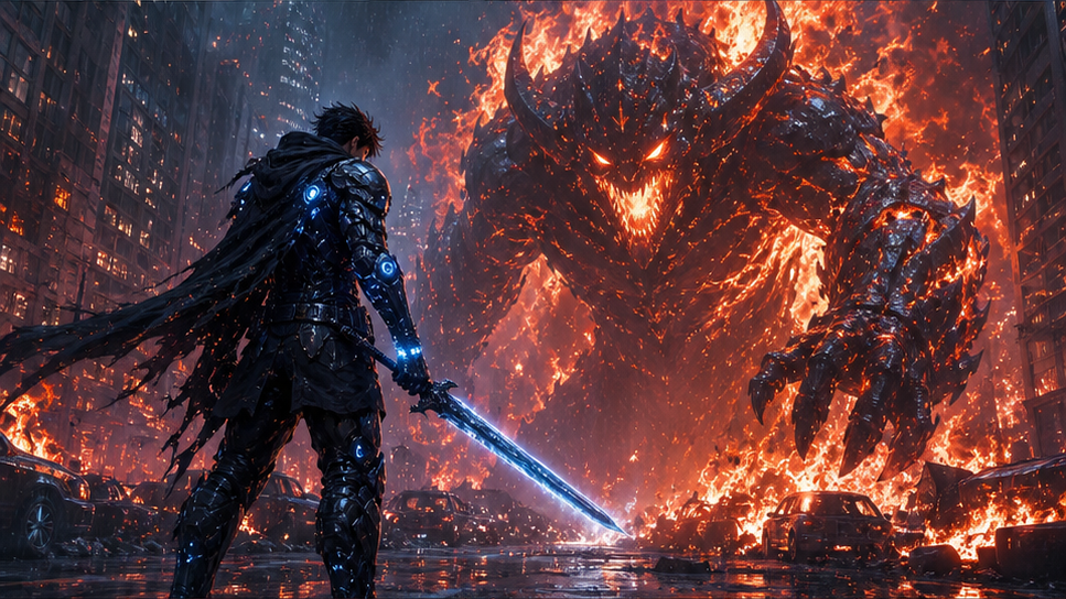 Casual Monster Slayer AI Video Effect — Flaming giant confrontation