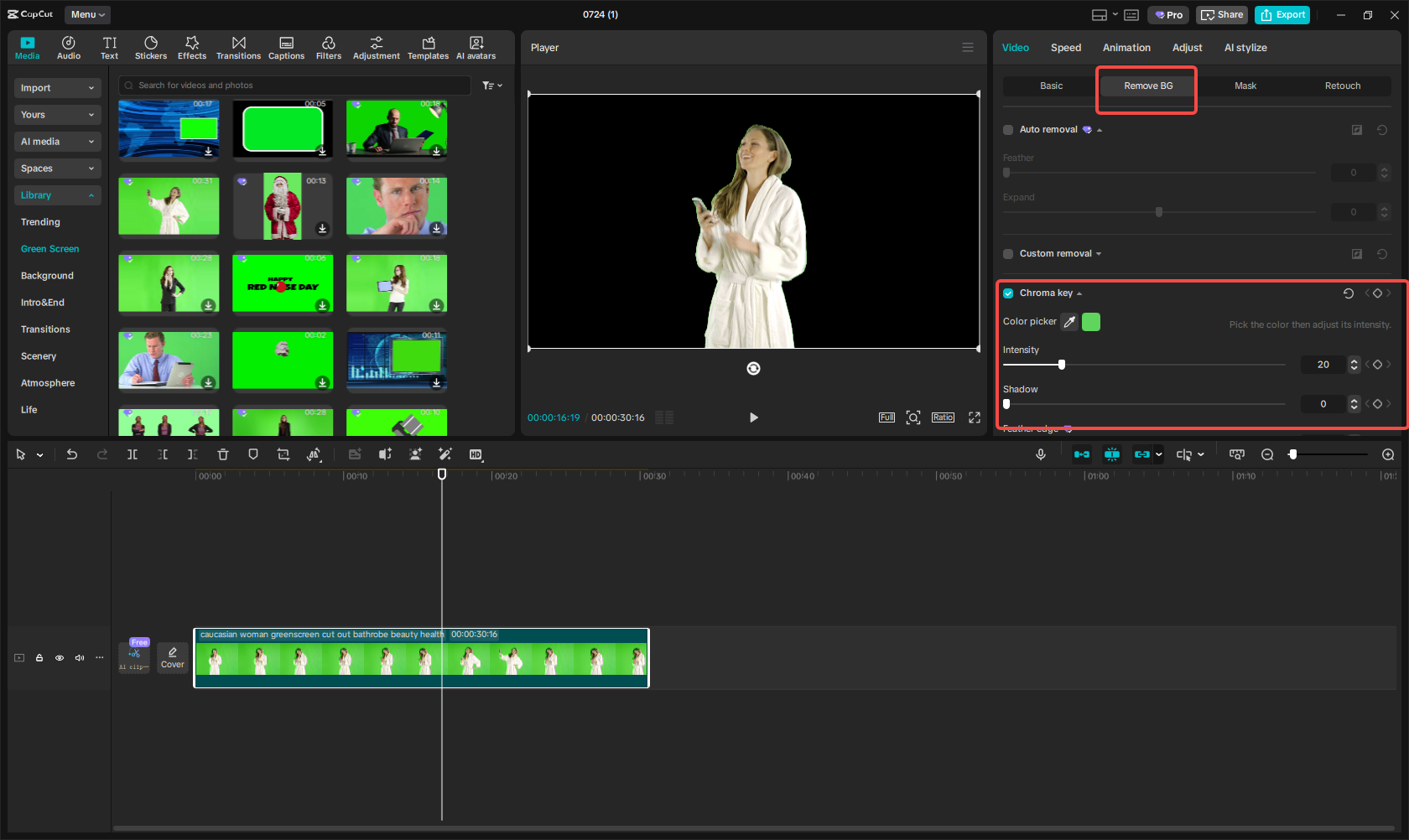 Using the Chroma key to remove solid color video background  in CapCut