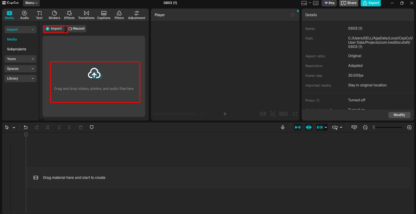 Importieren Sie Ihre Song- und Videoclips in den CapCut Desktop-Editor