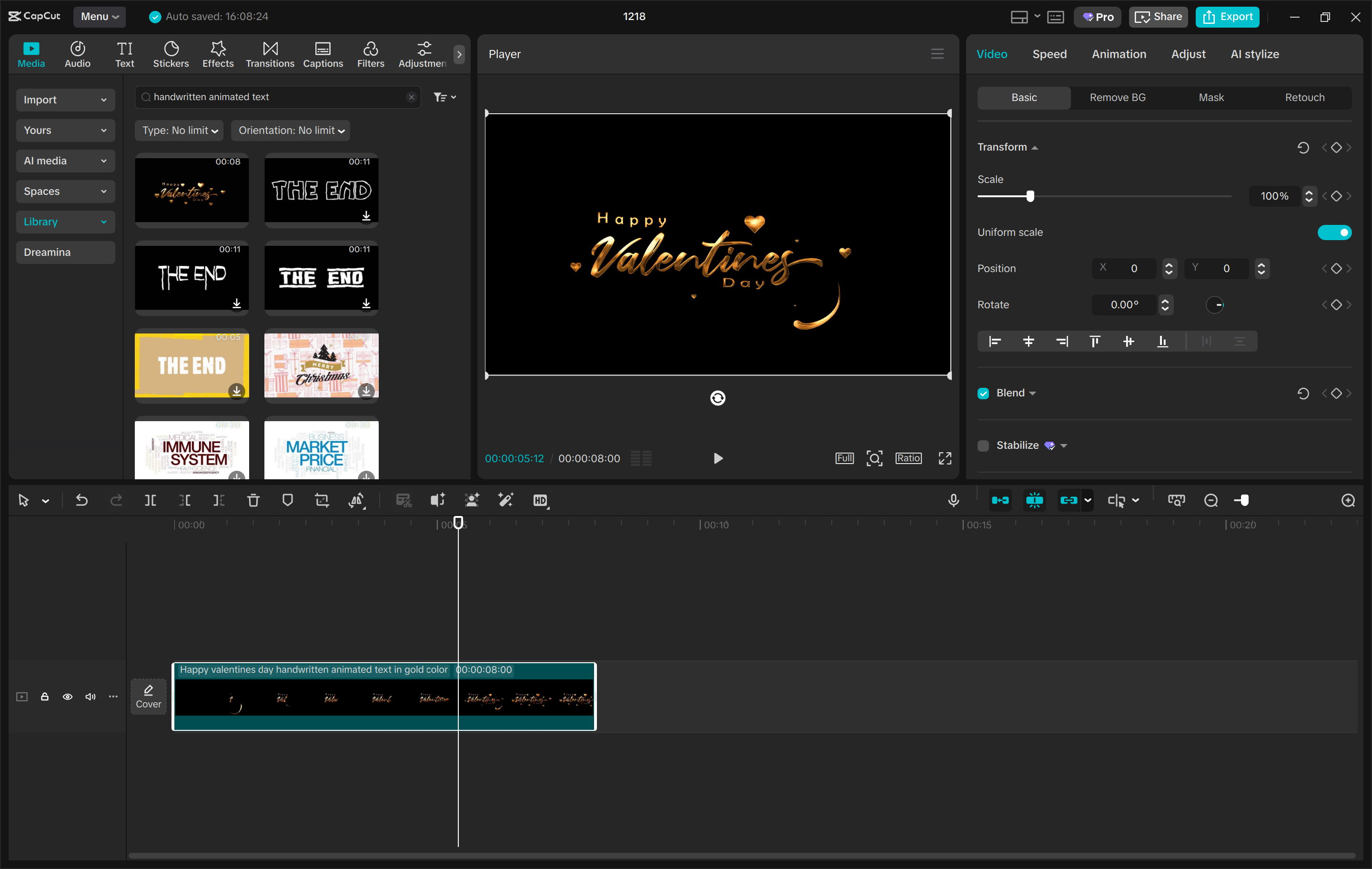 Interface of the CapCut desktop video editor - another way to add handwritten animations to text