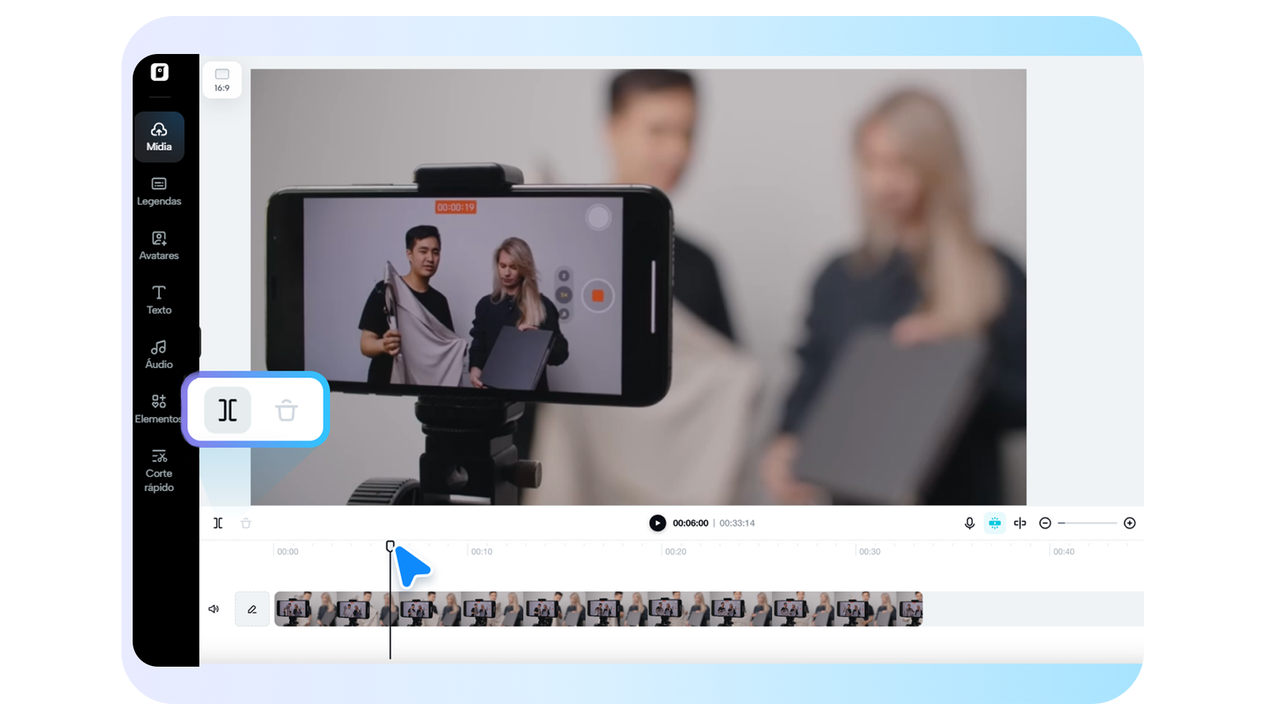 Editor de video online dividindo vídeo na linha do tempo