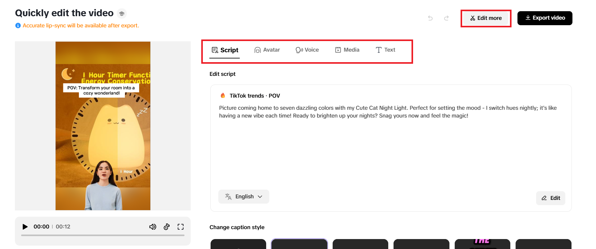 Quick editing options
