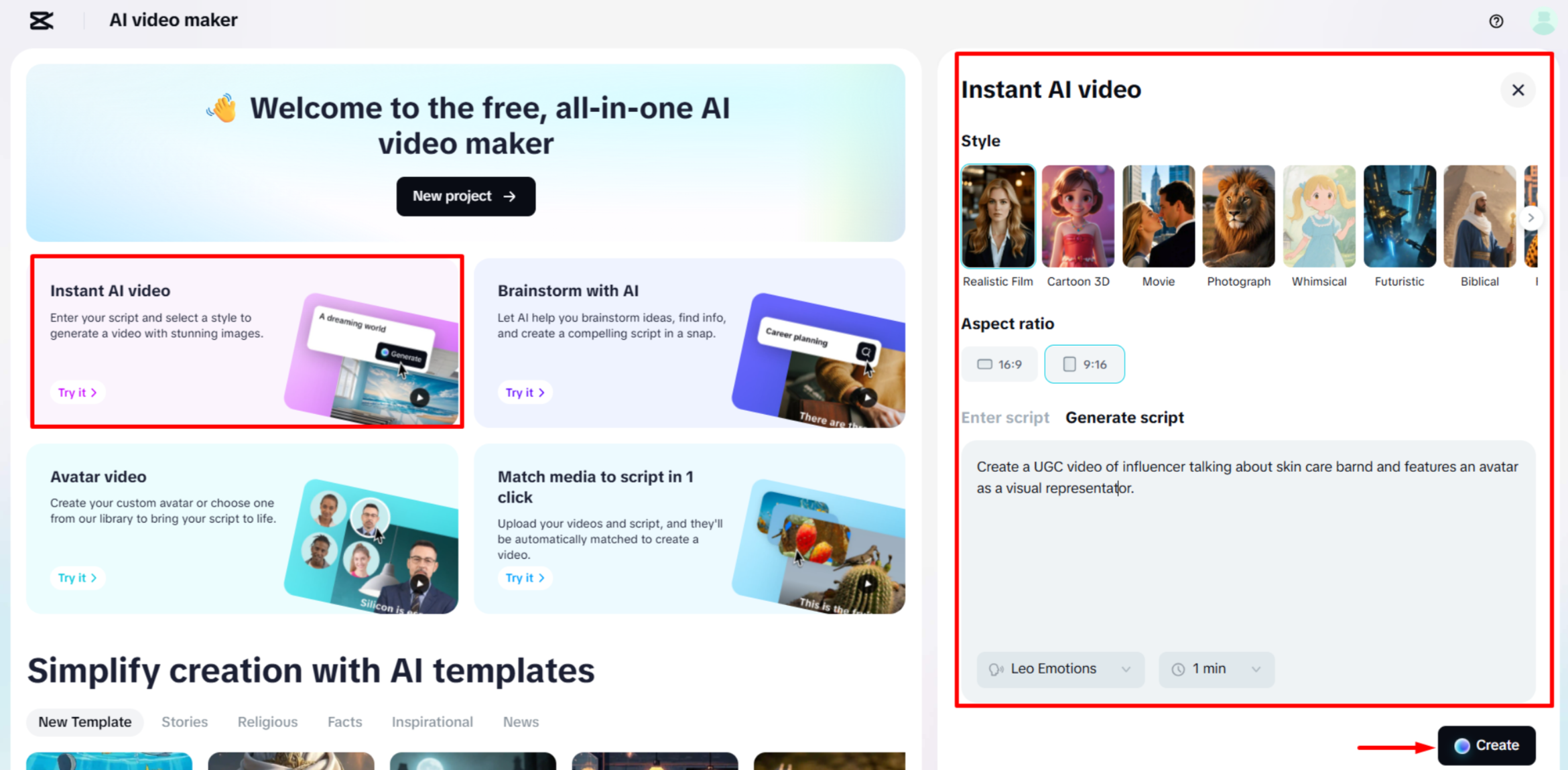 Entering and generating an AI UGC video on CapCut Web