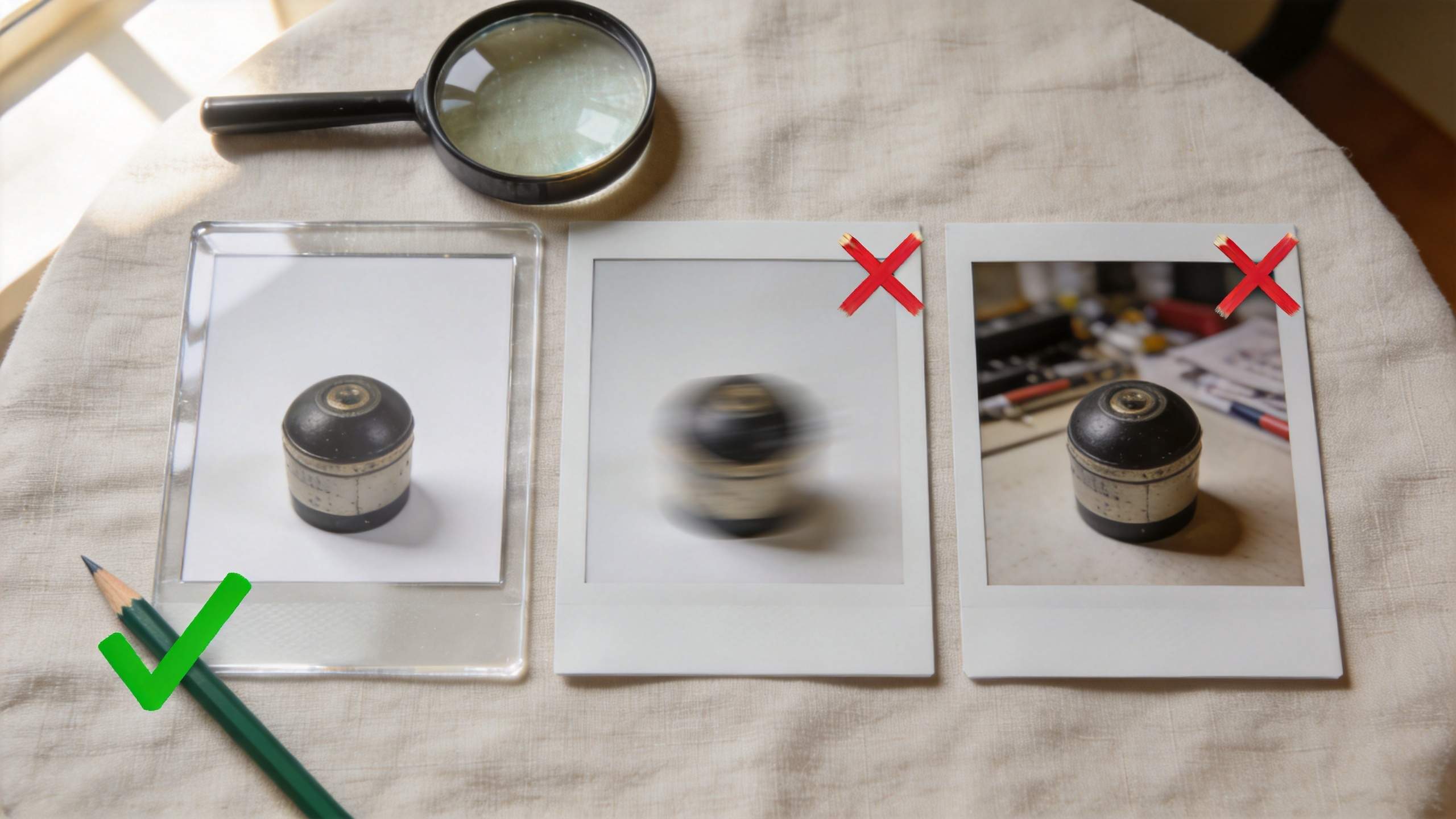 Three product photo prints with a magnifying glass, one clear and two marked with red Xs