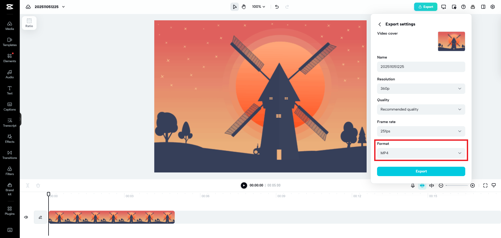 Export the file as MP4