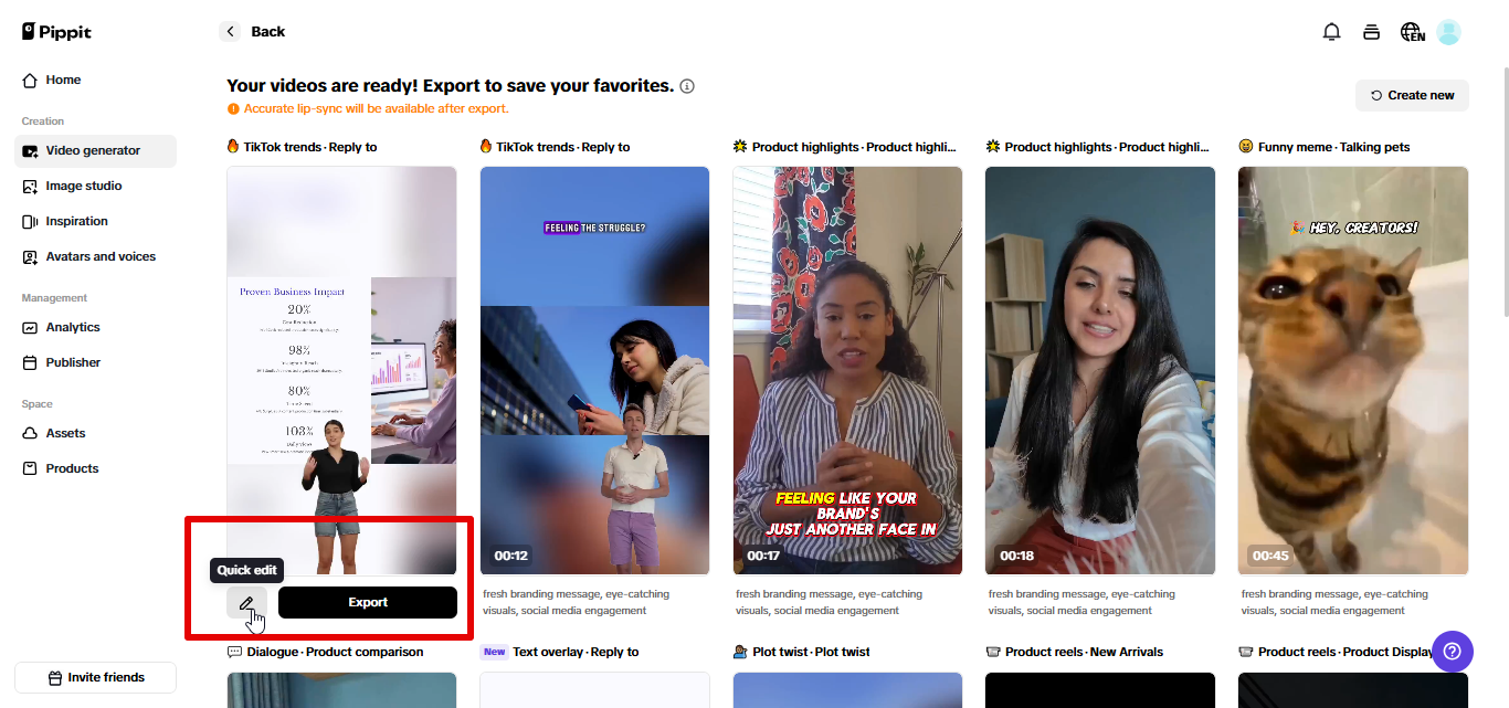 Exporting video from Pippit