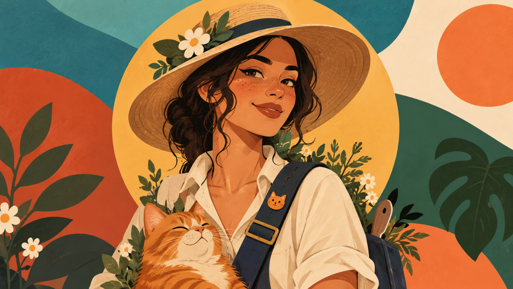 An original adult gardener profile portrait with broad sun hat midnight-blue strap and bold retro color blocks