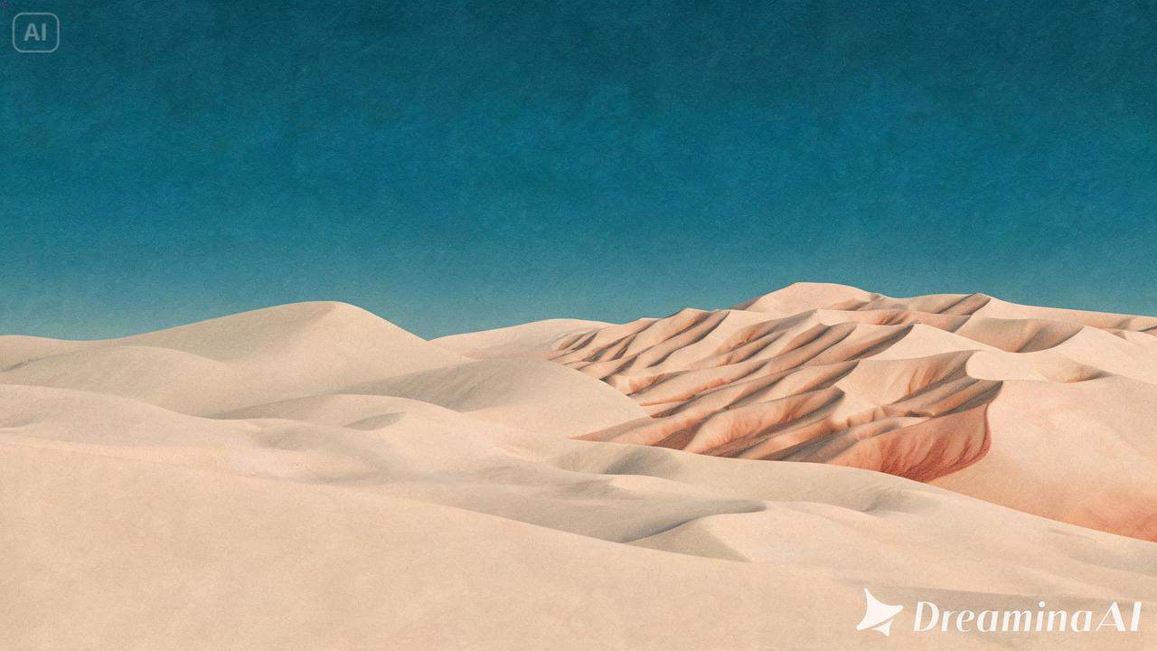 Papier peint paysage avec des dunes crème, des accents de terre cuite sobres, un ciel bleu sarcelle et une marque Dreamina visible