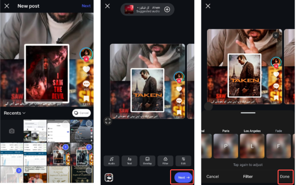 Select media, confirm selection, and edit